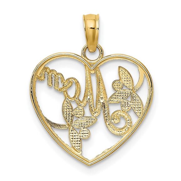 14k Yellow Gold w/ Rhodium Textured Heart w/ MOM Charm